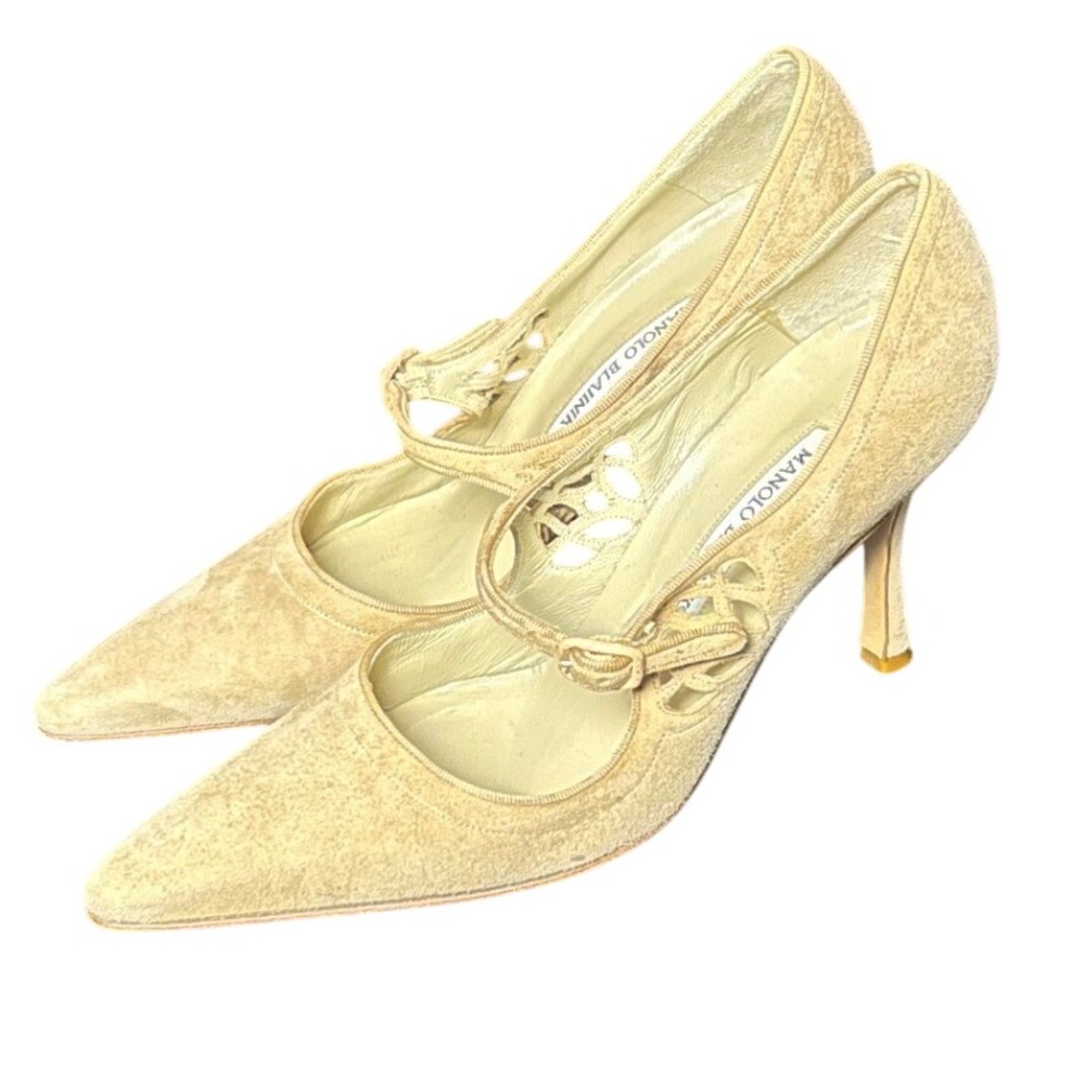 Manolo Blahnik Mary Jane Pump Heel 37.5 Laser Cut Stiletto Quiet Luxury Designer